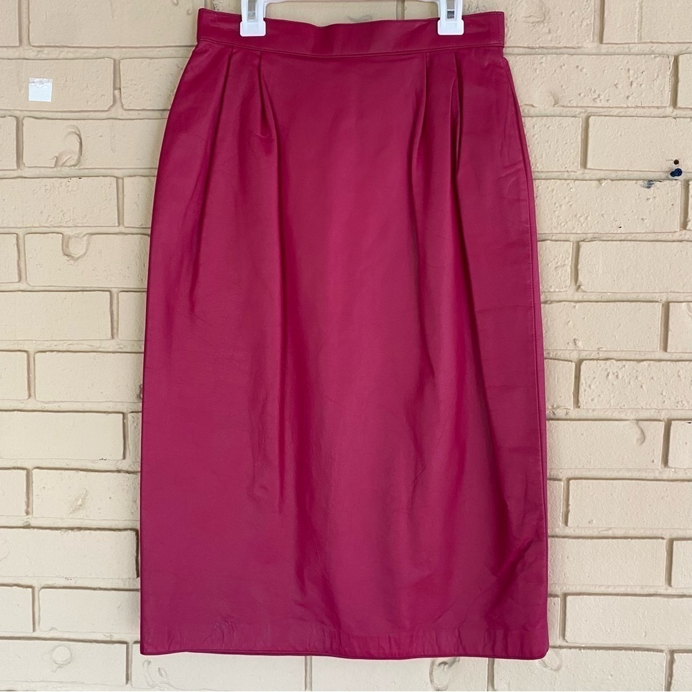 Vintage 80s Pink Leather Women’s Pleated Soft Leather Midi Skirt Back Slit Sz 8
